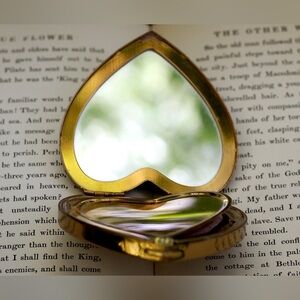 Vintage Blue Enamel and Gold Heart-Shaped Compact Mirror